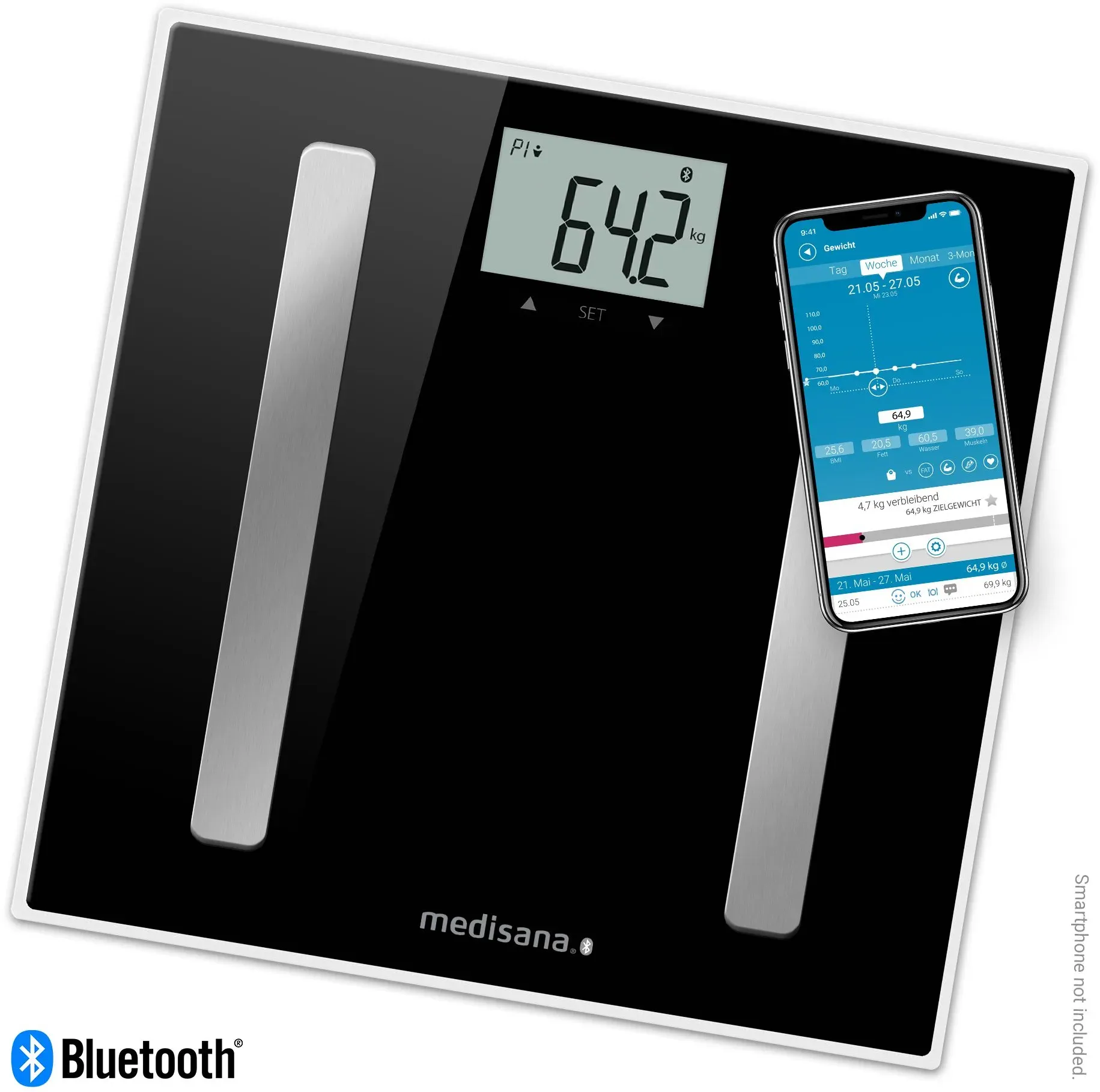 medisana BS A45 Körperanalysewaage | bis 180 KG Personenwaage mit Bluetooth App Bmi- und BMR 1 St