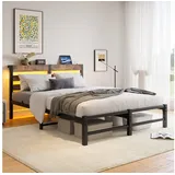 Odikalo Polsterbett Jugendbett Bettgestell (90x200 120x200 140x200 140x190 mit Bettgestell LED Beleuchtung, LED-Beleuchtung und USB-Ladestation, Metallbett mit aus Metall, Bettgestell ohne Matratze, Bettrahmen mit Stauraum unter dem Bett) braun|schwarz 140 cm x 200 cm