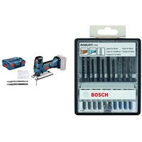 Bosch Professional Stichsäge GST 18 V-LI B (3 Stichsägeblätter, Spanreißschutz, ohne Akkus und Ladegerät, in L-BOXX) + 10tlg. Stichsägeblatt-Set Robust Line (Sägen in Holz und Metall, Zubehör)