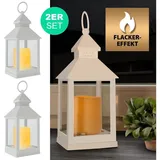 EAXUS Eaxus® 2er Set Blaze-it LED Laterne - Windlicht mit Realistischem Flammeneffekt und Echtglas, Weiß