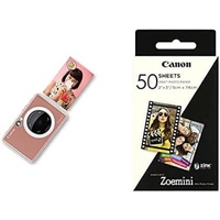 Canon Zoemini S Sofortbildkamera digital 8 MP (inkl. Mini Fotodrucker, Sucher, Ringblitz, Selfie Spiegel (36x24mm), Micro SD Kartenslot, 188g), Rose Gold & Zoemini Zink Fotopapier, 50 Blatt