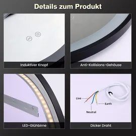 gimbelen Runder Spiegel mit Beleuchtung, 50 cm, Badspiegel mit Beleuchtung, mit Touch-Schalter und Sicherheitsglas, 3 Lichtfarben Einstellbar, 3000... / Schwarz