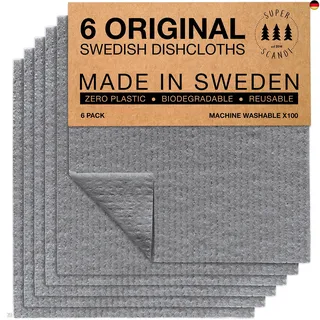 SUPERSCANDI Putzlappen im 6er Pack - 100% Biologisch Abbaubar & Kompostierbar | Wiederverwendbare & Lebensmittelsichere Spültücher Ohne Plastik | Für Jede Oberfläche Geeignete Spüllappen | Grau
