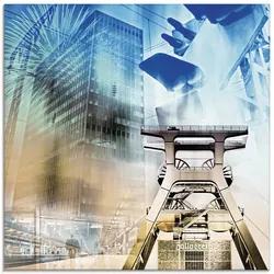 Glasbild ARTLAND "Essen Skyline Abstrakte Collage II", blau (farbe bild(er): blau), B:50cm H:50cm, Bilder, in verschiedenen Größen
