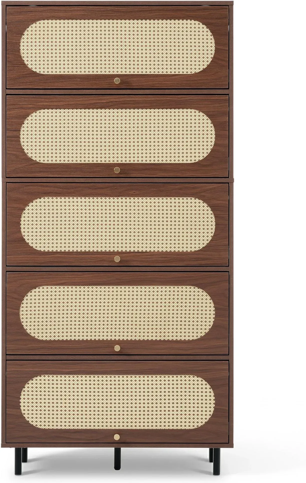 Sideboard mit 5 Klappen, viel Stauraum und Rattan-Front, 80x40x163 cm, Naturfarbe