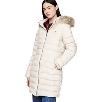 Tommy Jeans Damen Daunenmantel Essential Hooded Down Coat mit Kunstpelz, Elfenbein (Newsprint), S