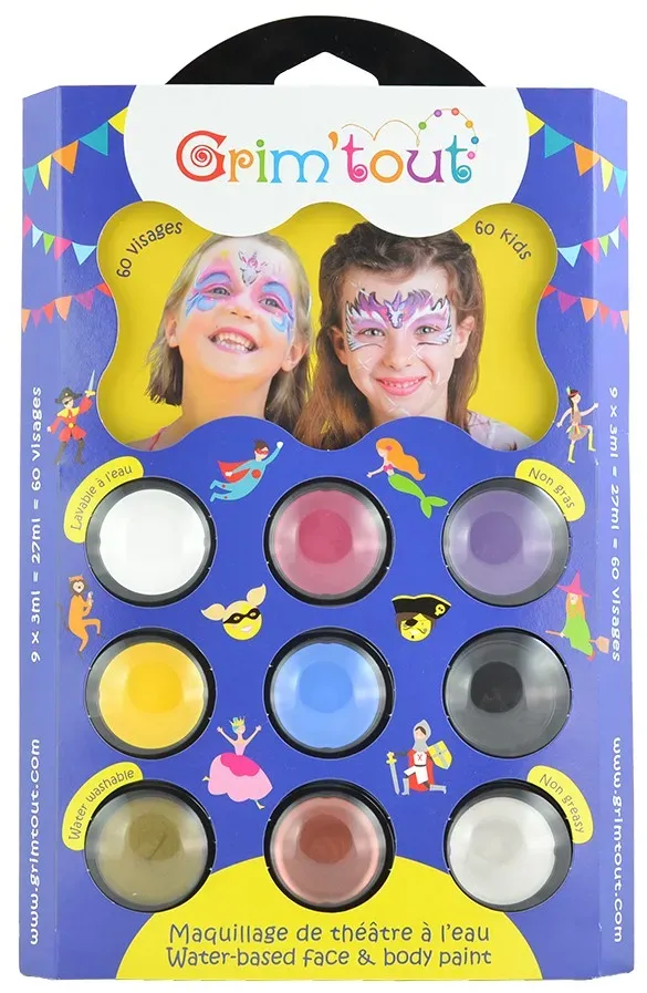 Kinderschminke Einhorn Palette - 9 Farben, wasserbasiert, fettfrei, mehrfarbig - Grim'Tout - Mit Schwamm & Pinsel, abwaschbar