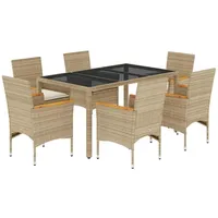 VidaXL 7-tlg. Garten-Essgruppe mit Kissen Beige Poly Rattan und