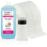 N&BF Nagel Cleaner Set mit Duft 500ml + Dispenser Pumpflasche Schwarz 150ml + 1000 Zelletten Cellulose Pads (2 Rollen à 500 Stück) - 70% Isopropanol-Alkohol – für Gelnägel – Nagelreiniger (Kokosnuss)