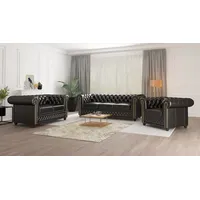 S-Style Möbel Polstergarnitur Chesterfield Jeff 3+2+1 aus veganem Leder mit Holzfüßen, (1x 3-Sitzer-Sofa, 1x 2-Sitzer-Sofa, 1x Sessel), mit Wellenfederung schwarz
