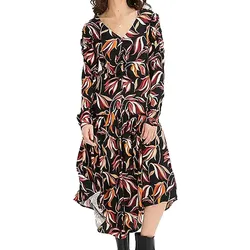 Damen Midi-Kleid florales Sommer-Kleid mit V-Ausschnitt Langarm-Kleid 908383 Schwarz/Bunt - 38