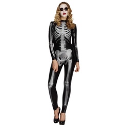 Smiffys Kostüm Knochenskelett Lacksuit, Hautenger Bodysuit mit dreidimensionalem Skelettaufdruck schwarz XS