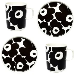 Marimekko - Oiva Unikko Becher mit Henkel & Teller, weiß / schwarz (4er-Set)