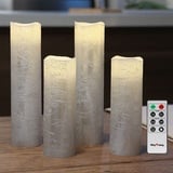 Rhytsing 4 flammenlose LED Wachskerzen Silber Rustik-Design mit Fernbedienung und Timerfunktion, inkl. Batterien - D 5 cm