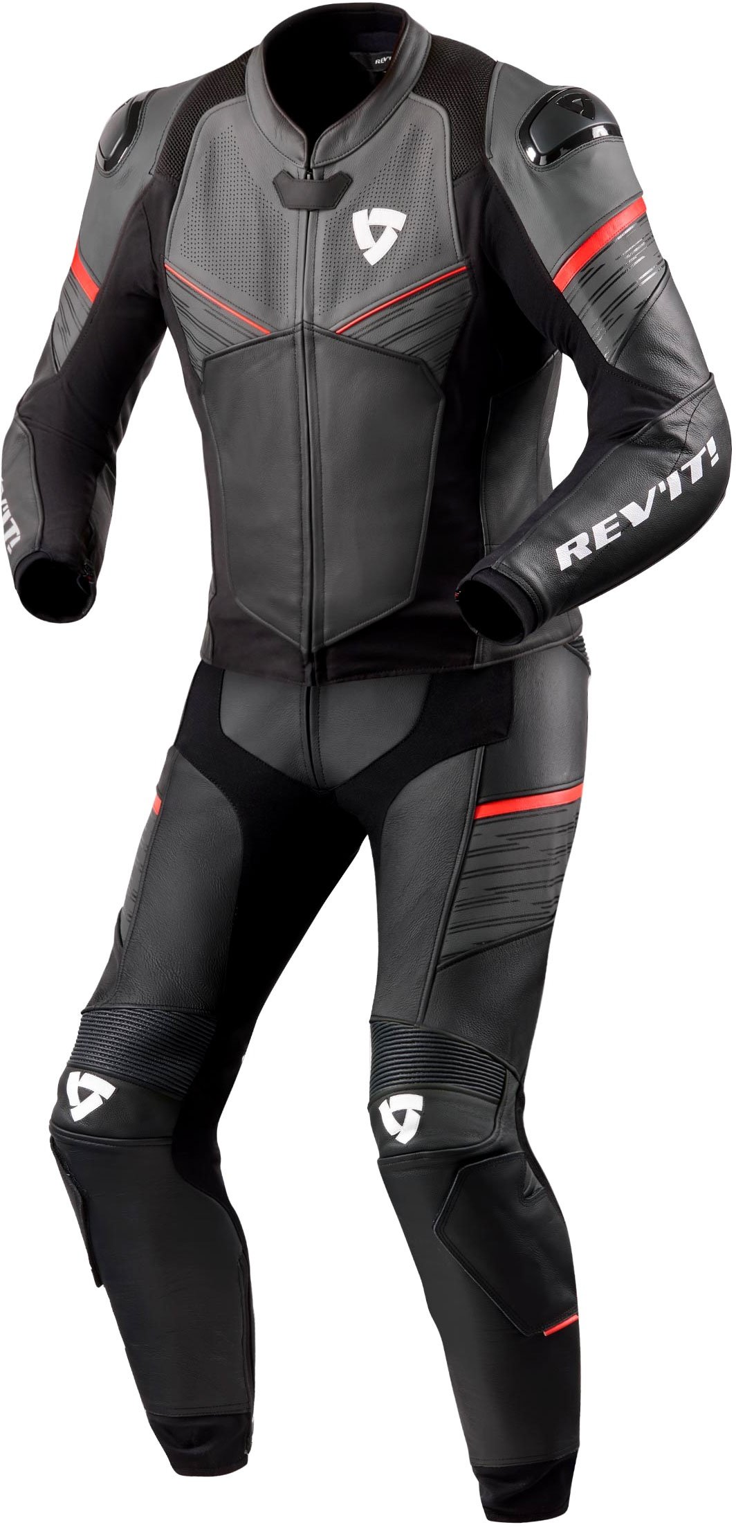 Revit Beta, costume en cuir 2pcs. perforé - Noir/Gris/Rouge Néon - 50
