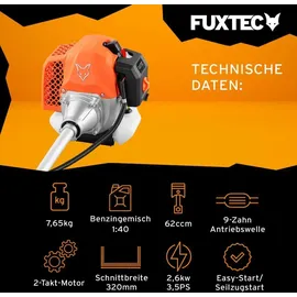 FUXTEC Benzin Motorsense Multitool Trimmer mit 62cc 3,5PS Leistung, 2-Takt - Profi-Tragegurt Rasentrimmer, Freischneider fs Faden - Easy Starter