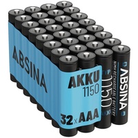 ABSINA Akku AAA Micro 1150 32er Pack - NiMH Wiederaufladbarer AAA Akku mit min. 1050mAh & 1,2V - Akkus AAA für Geräte mit hohem Stromverbrauch - AAA Akkus ideal für Telefon Akku 1050 mAh (1.2 V)