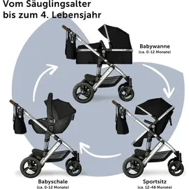 Bergsteiger Nizza 3 in 1 Kinderwagen, Kombikinderwagen Komplettset, Babywanne & Buggy Sportsitz inklusive, Auto-Babyschale & Isofix Station optional - Schwarz