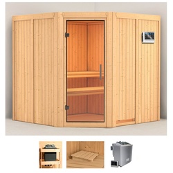 Karibu Sauna Jarla, BxTxH: 196 x 196 x 198 cm, 68 mm, (Set) 9-kW-Bio-Ofen mit externer Steuerung beige