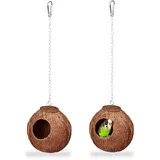 Relaxdays Vogelhaus 2er Set, aus Kokosschale, HxBxT 14 x 12,5 x 12 cm, Vogelnest, Wellensittiche & Kanarienvögel, Natur
