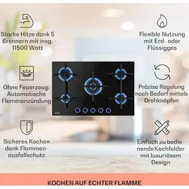 Klarstein Gaskocher 5-Flammig, 11,5kW Einbau-Gaskocher für Innenbereich, Edelstahl-Gaskocher für Wohnmobil, 5-Flammiger Gaskocher, Fünf Brenner Gasherde,