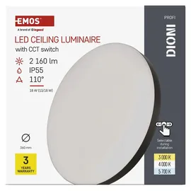 EMOS LED-Wand-/Deckenleuchte DIONI - CCT einstellbar 3 000/4 000/5 700 K - 2160 lm - 18 W (statt 130W Glühbirne) - 30 000 Std. - Abstrahlwinkel 110° - für Innen und Außen - rund, Ø 36 cm - schwarz