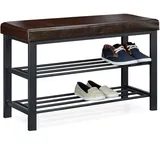 Relaxdays Schuhbank, offen, für 6-8 Paar Schuhe, Schuhregal zum Sitzen, Polsterung aus Kunstleder, HxBxT 49 x 81 x 31 cm, auf 2 Etagen, braun