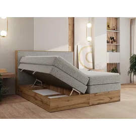 MKS Meble Boxspringbett WOOD CLASSIC KING, Doppelbett mit zwei Multipocket-Matratze und Toppper, hohe Kopfteil, Stauraum - 180 x 200 cm - H3 - Hellgrau