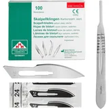 Set - 100 Stück sterile Skalpellklingen Figur 24 aus Karbonstahl - Ersatzklingen + 1 x Shehadeh - Skalpell-Halter - Edelstahl