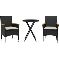 vidaXL 3-tlg. Bistro-Set mit Kissen Schwarz Poly Rattan und Glas