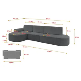 altdecor Eckcouch Cord 5-Sitzer Dunkelgrau