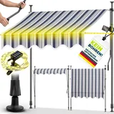 tillvex Klemmmarkise 400 cm Blau/Grau mit Solar LED mit Handkurbel Balkon | Balkonmarkise ohne Bohren | Markise UV-beständig & höhenverstellbar |... - Dunkelblau