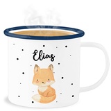 Emaille Becher Blechbecher - Tiere - Süßer Fuchs - 300 ml - Weiß Blau - tasse name und tier tiermotiv metallbecher kleine personalisierte geschenke tieren personalisieren personalisierter tassen