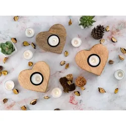 Amagohome Teelichthalter 3er Set Kerzenständer Teelichter 12x11cm Herzilein Kerzenhalter Mangoholz