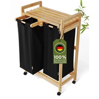 AMBIAVO® Wäschekorb 2 Fächer mit Rollen [schwarz, 100% Baumwolle, Bambus, 60 l Volumen] | Wäschesammler für Schmutzwäsche| Wäsche Sortiersystem | Wäschesortierer Holz | Wäschebox | laundry baskets