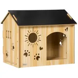 PawHut Hundehütte aus Holz Kleintierhaus mit Lüftungsöffnungen Dach Hundehöhle Indoor MDF Eiche+Schwarz 69 x 50 x 58,5 cm