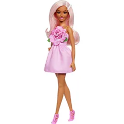 Barbie Fashionistas Puppe Nr. 238 in einem trägerlosen Rosenkleid, rosa Haare mit Spangenzubehör