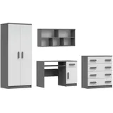 Deine Möbel 24 Jugendzimmer-Set INGE III in Weiß / Weiß + Grau / Weiß + Eiche Sonoma ; 4-teilig, (Kleiderschrank Kommode Wandregal Schreibtisch, 4-tlg., Sonoma Eiche Grau), Kinderzimmer Set Weiß Griffe Rosa Blau Grün Grau aus Laminatplatte grau