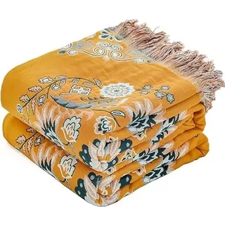 HOORDRY 100% Baumwolle Decke 230 x 250CM Boho Tagesdecke Doppelseitig Kuscheldecke Sofaüberwurf Wendedecke Couchdecke Sofadecke mit Blumen Muster,Gelb/Grün