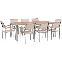 Beliani Gartenmöbel Set Eukalyptusholz 220 cm 8 Stühle Beige Terrasse Outdoor Modern Garten Terrasse - Hellbraun/Beige/Silber