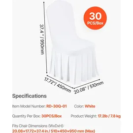 Vevor Stuhlhussen Stuhlbezug mit flacher Vorderseite 30 Stk. waschbarer Stuhlüberzug aus Polyester-Spandex für Hochzeitsfeiern Esszimmerbankette, passend für Stühle (51 x 45 x 95 cm) Weiß