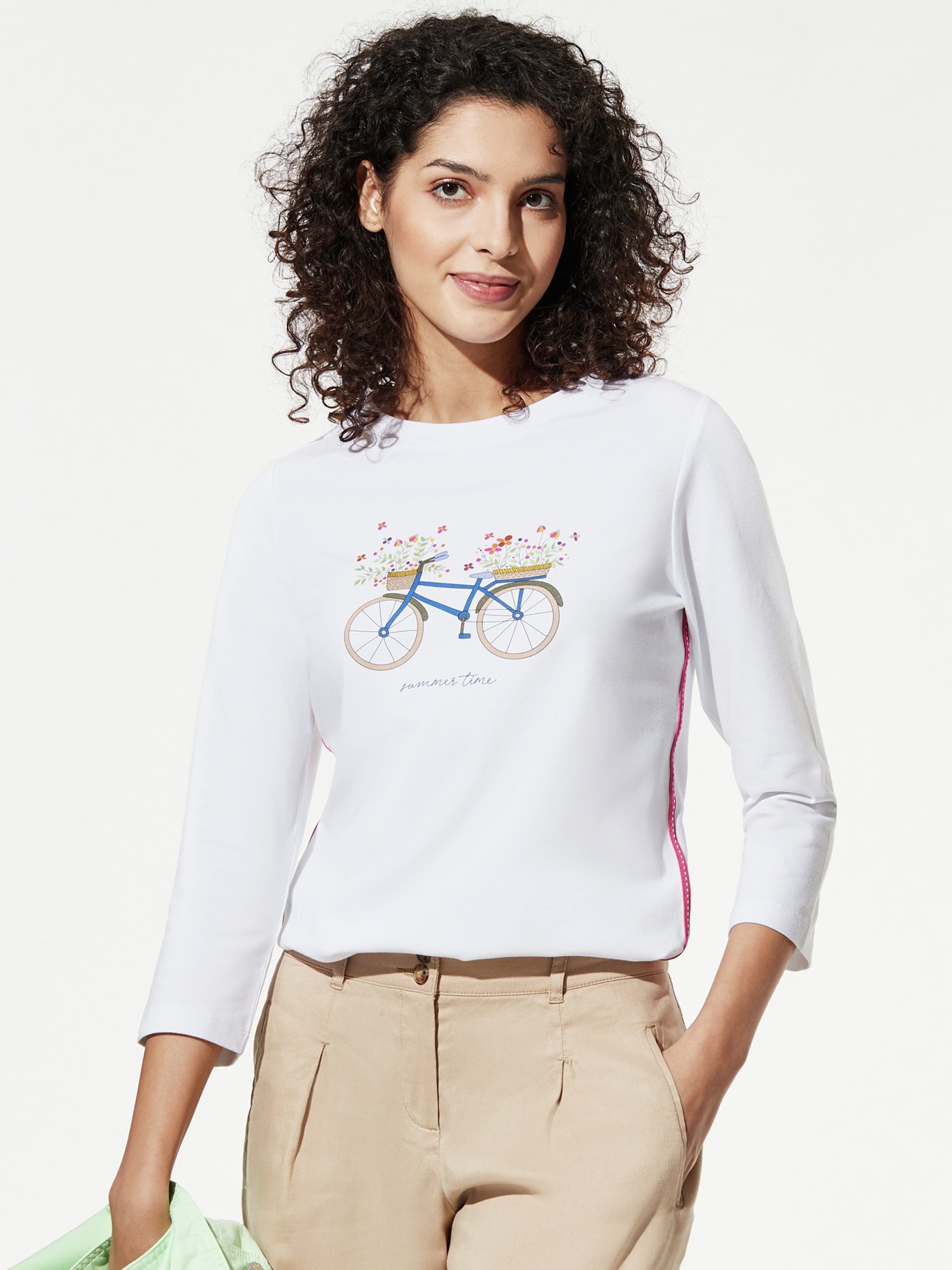 Walbusch Damen Frontprint Shirt Flowers gemustert Fahrrad Weiß 38