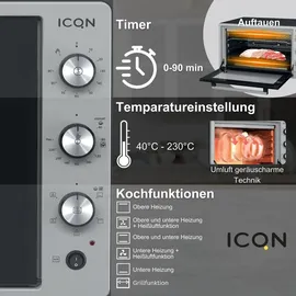 ICQN 60 Liter XXL Minibackofen, 2000 W, Umluft, Pizza-Ofen, Doppelverglasung, Drehspieß, Timer, inkl. Backblech Set, Elektrischer Mini Ofen, 40°-...