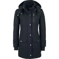 RED by EMP Damen gefütterte schwarze Winterjacke mit abnehmbarer Kapuze und modischen Schulterklappen L - L