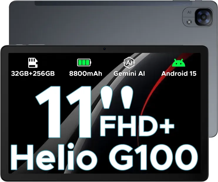 DOOGEE Tab E3 Android 15 AI Tablet, 32 GB RAM + 256 GB Speicher (2 TB), 11‐Zoll FHD+ & 90 Hz, Helio G100 Gemini AI Gaming Tablet, 8800 mAh Akku, 7,5 mm ultradünnes Metallgehäuse, Dual‐SIM‐Slots, 5G, WLAN, GPS, Bluetooth 5.2, Gesichts‐ID, Grau