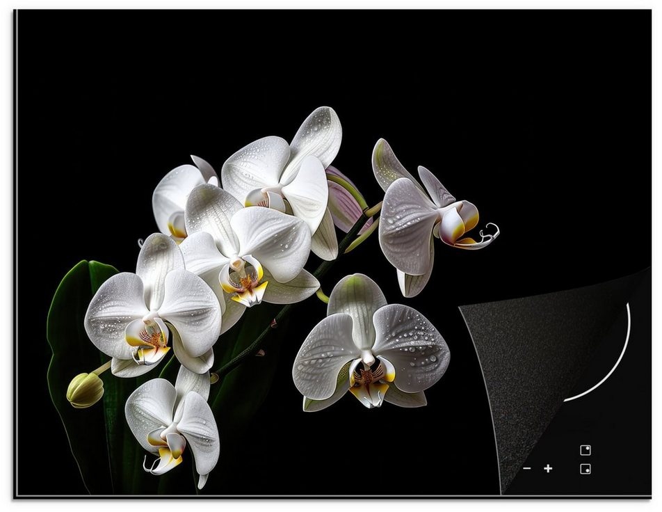 MuchoWow Herdblende-/Abdeckplatte Orchidee - Blumen - Weiß - Natur - Schwarz, Vinyl, (1 tlg), 77x59 cm, Ceranfeldabdeckung, Arbeitsplatte für küche bunt 77 cm x 59 cm x 0.3 cm