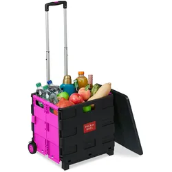 Relaxdays Relaxdays Einkaufstrolley klappbar, bis 35 kg, 50 l Kiste, mit Teleskopgriff, 2 Rollen, Transport Trolley, pink/schwarz