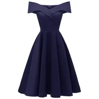 Lazzboy 50s Rockabilly Damen Kleid Baumwolle Schulterfrei Swing Party Festlich(Marine,S) - S
