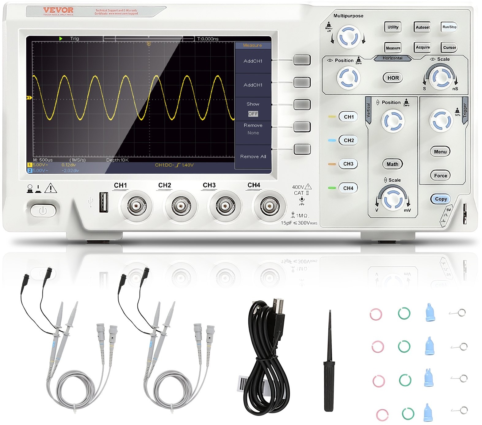 VEVOR Handheld Oszilloskop Digital Multimeter 4 Kanäle 100 MHz Bandbreite 1 GS/S High Sampling Professional 177,8 mm Farbbildschirm Oszilloskop, Mini-Oszilloskop Datenspeicherfunktion Matheberechnung