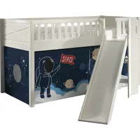 Hochbett VIPACK "Scott, Spielbett, Kiefer massiv weiß lackiert, mit Rolllattenrost", weiß (weiß, blau weltall, weiß, weiß), B:203,7cm H:114cm L:207,6cm, 100% Polyester, Hochbetten, mit Rutsch-/Leiterturm, LF 90x200 cm, inkl. Vorhang, 7 Designs